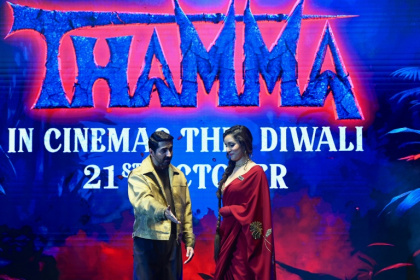 Bollywood actors Ayushmann Khurrana and Shraddha Kapoor attend the trailer launch of their Hindi-language romantic comedy horror film 'Thamma' - Sujit JAISWAL (AFP)