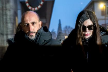 French couple Jacques (L) and Jessica Moretti attended a hearing at the office of the public prosecutor of Switzerland's Wallis canton - Fabrice COFFRINI (AFP)