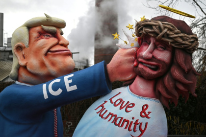 US President Donald Trump (L) features in a German carnival float as a heavy-handed ICE immigration agent - INA FASSBENDER (AFP)