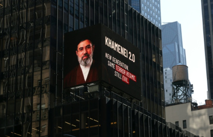 An Israeli message in New York's Times Square warns against Mojtaba Khamenei, who was appointed as the new Supreme Leader of Iran following Israel's killing of his father - TIMOTHY A. CLARY (AFP)